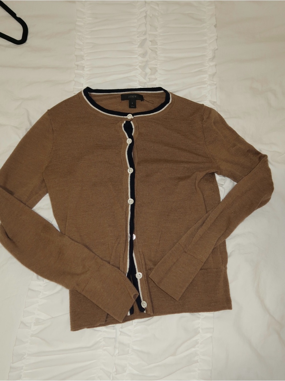 J Crew Brown Button Cardigan with Navy Trim